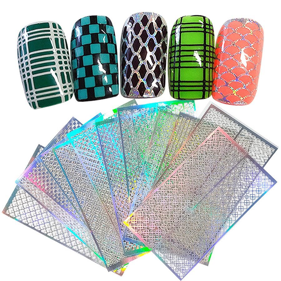 Holo Silver 12 Designs Nail Vinyls Stencil Hollow 3D Stickers JV301 ...